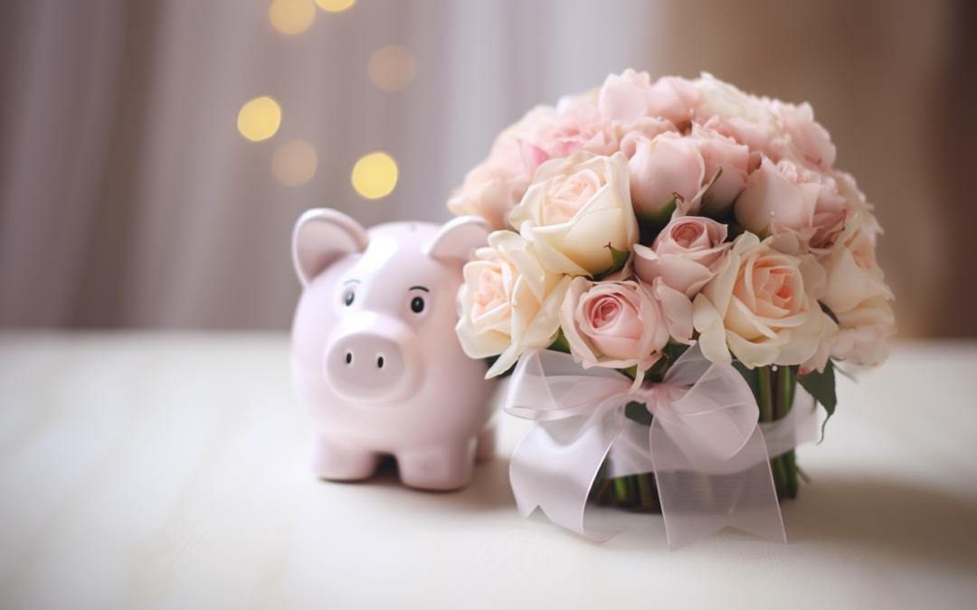 Sparschwein und Hochzeitsblumen